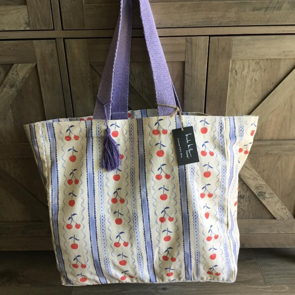 Nicole Miller Home Canvas Tote Bag w/Cherry Print, Blue Stripes, Purple Tassel